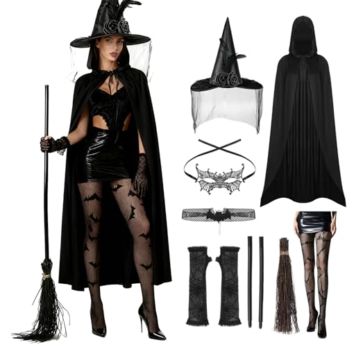 Aleshime Halloween Witches Costumes for Women - Witches Hat, Black Cloak, Fishnet Stockings with Accessories for Adult Witch Costume Women Halloween Fancy Dress