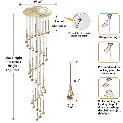 150'' Long Staircase Crystal Pendant Chandeliers 36Light Gold Column Crystal Chandeliers Foyer Entrance High Ceiling Hanging Chandelier 2700-6000K Dimmable Fixtures Living Room Led Big Chandeliers #TOP1