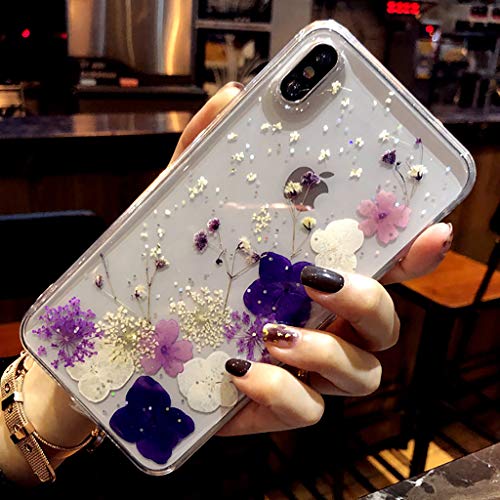 Bakicey Funda para teléfono móvil iPhone XS Max, con flores secas, de cristal y gel, hecha a mano, flores moradas Cover