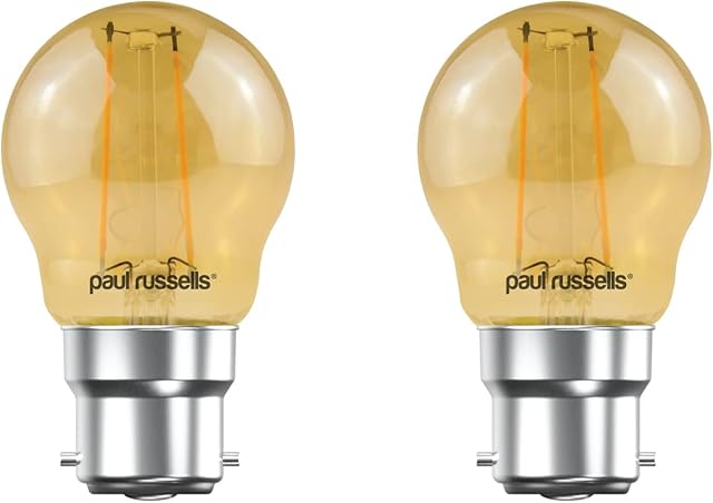 paul russells LED Filament Golf Ball Light Bayonet Cap B22D, 20W Equivalent G45 Bulbs, 2.5W 200LM LED 2200K Amber Lamps, Home Ceiling Chandelier Energy Saving Lightbulbs, Pack of 2