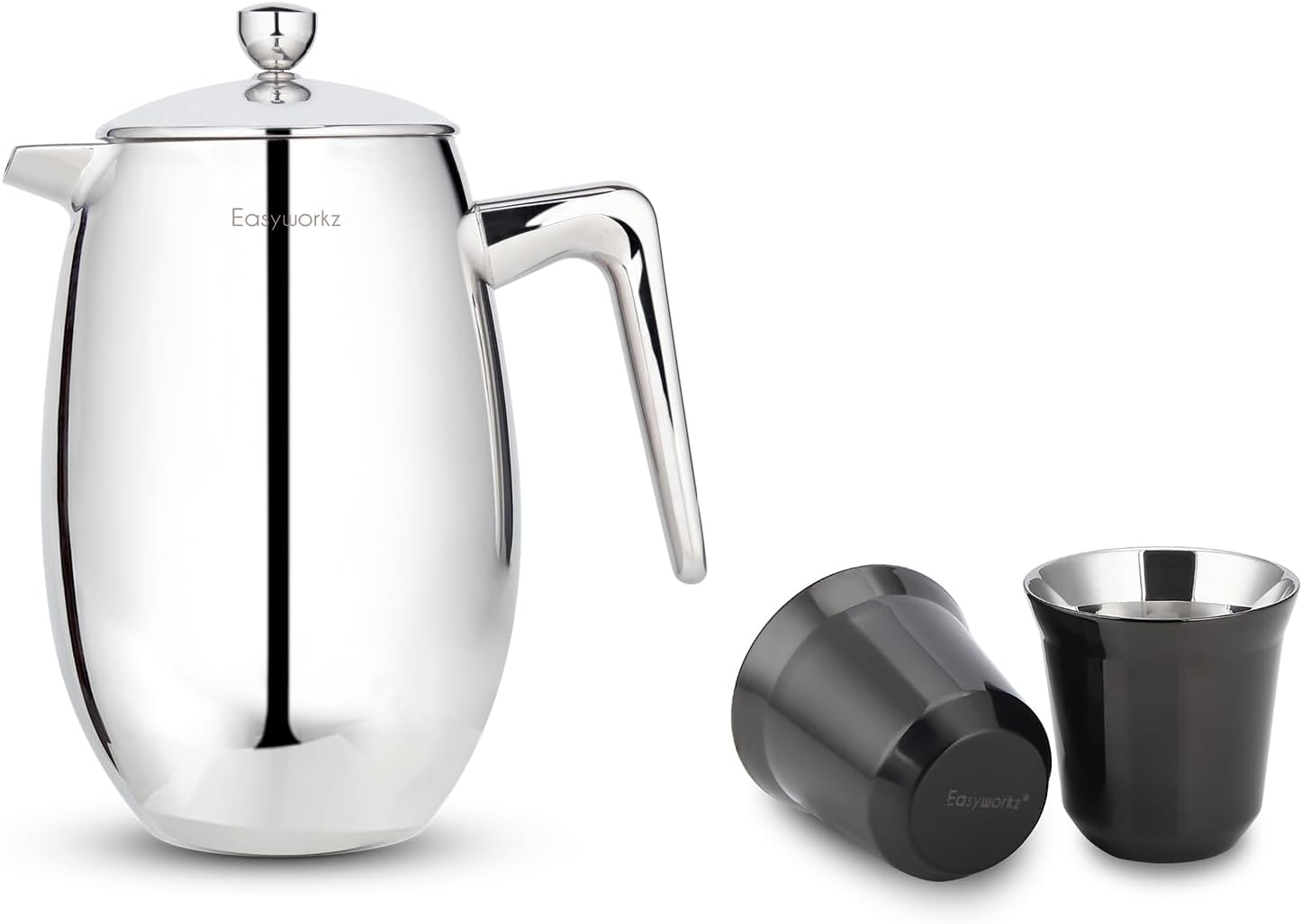 Easyworkz Nando French Press 34 oz, Bundled Stainless Steel Espresso Cup 2pcs Set Double Wall Insulated Metal Demitasse Cups 5 oz