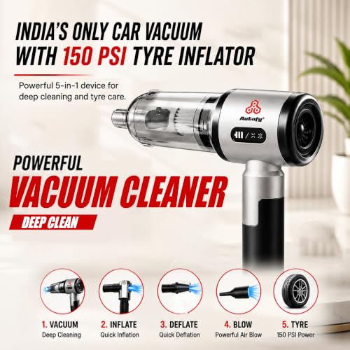 Image of Autofy Bolt 5-in-1 Cordless Vacuum Cleaner for Car & Home -18000PA Suction,150 PSI Tyre Inflator,100W BLDC Motor, 6000mAh Type-C, HEPA Filter, LED Torch | 2 Year Warranty