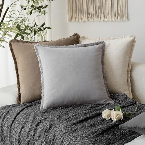 Image of Foindtower Set of 2 Decorative Linen Fringe Throw Pillow Covers Cozy Boho Farmhouse Cushion Cover with Tassels Accent Pillowcase for Couch Sofa Bed Living Room Home Decor,26x26 Inch,Light Rustic Gray