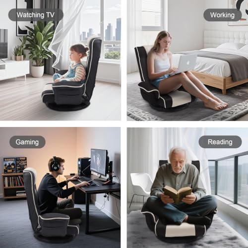 Image of Swivel Floor Chair for Adults, 14-Position Adjustable Floor Gaming Chair with Back Support & Armrests, Foldable Lazy Sofa Lounge, Breathable Mesh for Gaming Reading Meditation (Black /Beige)