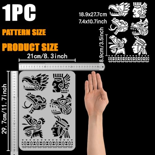FINGERINSPIRE Mayan Aztec Symbols Stencil 21x29.7cm Plastic Tribal Theme Painting Stencils Wall Mayan Face Spraying Stencils Reusable Human Faces Snakes Tigers Dragons and Birds Drawing Stencils - Image 2