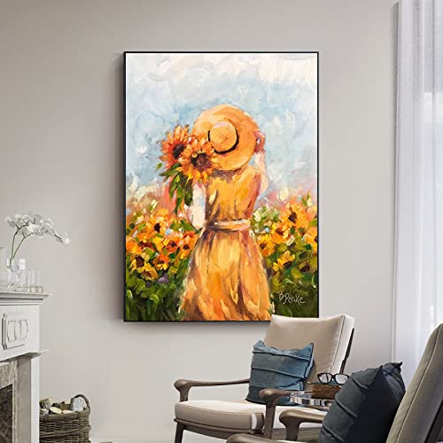 Peinture à l'huile salon style rétro tournesol | Décoration murale pour salle à manger