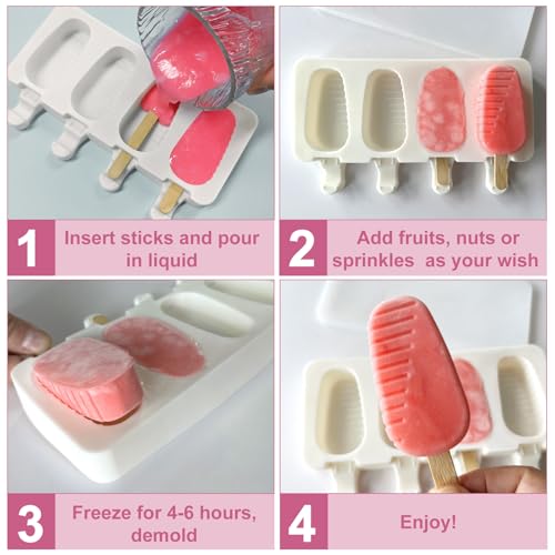 Stampo per gelato in silicone, 3 Pezzi 12 celle Pop Ice Lolly stampo Maker da dessert congelato Popsicle in silicone per torte, riutilizzabili, con 50 bastoncini in legno - immagine 4