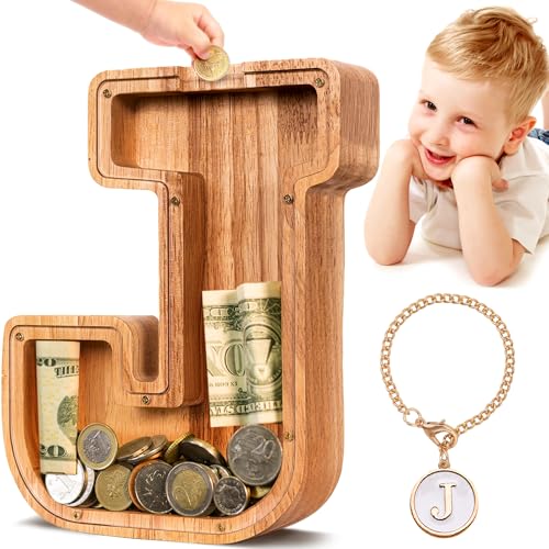 Image of SummiDate Wooden Letter Piggy Bank for Kids| Piggy Bank for Boys Girls Toddler| Alphabet J Money Bank| Personalized Initial Wood Coin Bank Birthday for Kids (J)