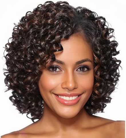 XIUFAXIRUSI XIUFAXIRUSI Short Curly Afro Wigs for Black Women Mixed Brown Kinky Curly Bob Wig with Side Bangs African American Synthetic Full Hair Wig
