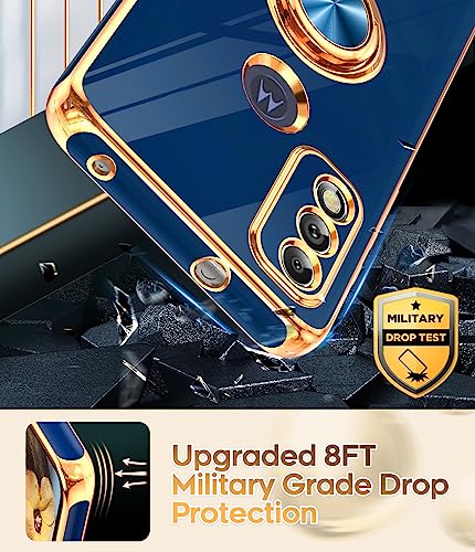 Leyi For Motorola G Pure Phone Case With Tempered Glass Screen Protector [2 Pack] 360° Rotatable Ring Holder Magnetic Kickstand, Plating Rose Gold Edge Protective Case, Blue #TOP6