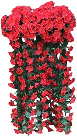 Vivid Artificial Hanging Orchid Bunch Artificial Flowers for Outdoors, Faux Plants Outdoor Silk Hanging Flower, Fake Violet Ivy Flower Bouquet for Wall Home Room Garden Wedding Decoration (Red)