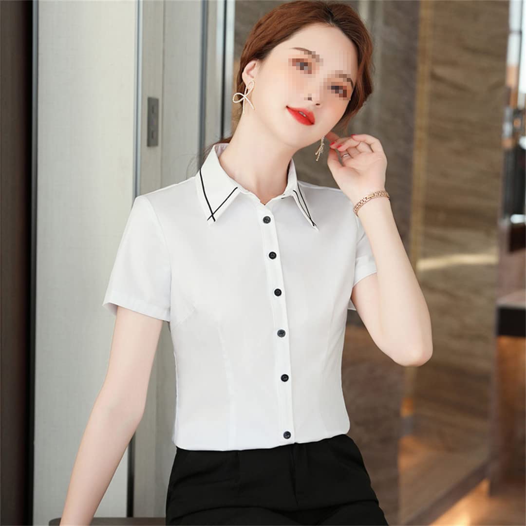 Camisa con Botones para Mujer, Blusa de Negocios con Cuello en V de Manga Corta para el Verano, Tops Formales Ajustados White XL