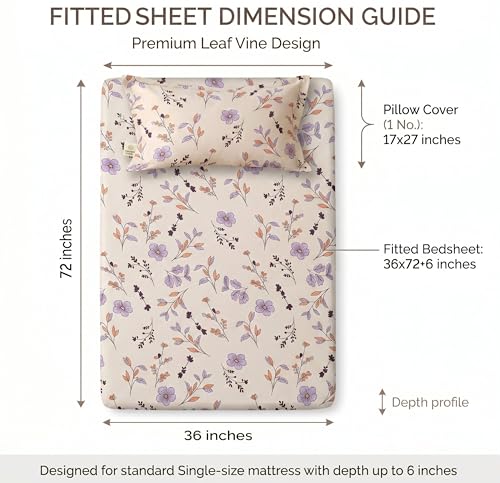 Image of BSB HOME 220 TC Cotton Fitted Single Bedsheet with 1 Pillow Cover, Soft Breathable, Elastic Fit, Fade Resistant, Easy Care - 36 x 72 + 6 Inches (Ivory Blossom Multi)