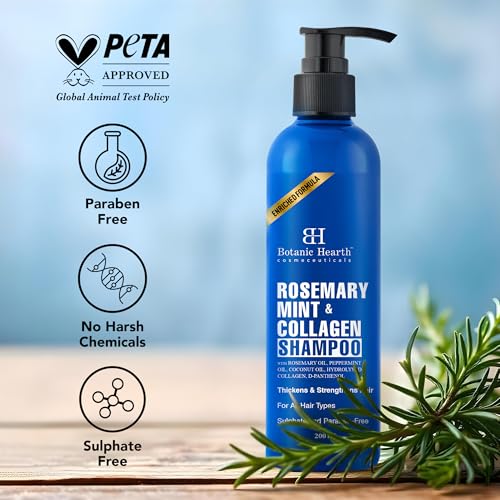 Image of Botanic Hearth Rosemary Mint Shampoo with Peppermint Oil, Jojoba Oil & Collagen | Thickens & Strengthens Hair | Helps Reduce Hairfall | Shampoo for Women and Men | Sulphate & Paraben Free, 200ml