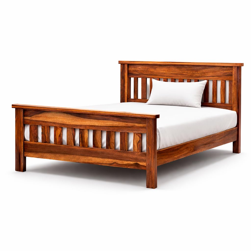 WELL KNOWN Solid Sheesham Wood Queen Bed Teak Finish Natural Brown Honey Finish Single Patti-image-28