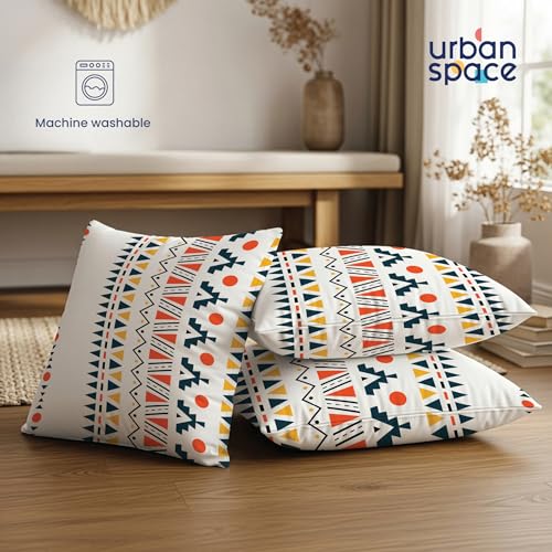 Image of Urban Space Decorative Cotton 200 TC Cushion Cover Set of 3, 16 Inch X 16 Inch Cushion Covers for Sofa, Bedroom, Living Room (Ikkat Orange, Cushion Cover 40Cm X 40Cm, Set of 3)