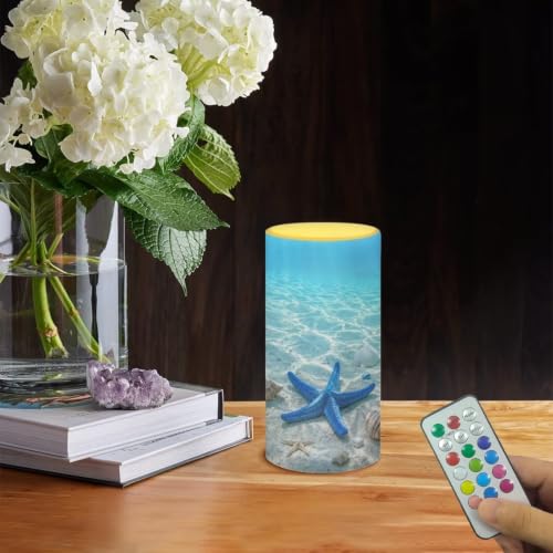 Image of Poceacles Flameless Candle Battery Powered with Remote Control 12 Colors 4 /8 Hours Timer LED Night Lights Pillar Candle Tealights Home Indoor Decor, Blue Starfish Seashell