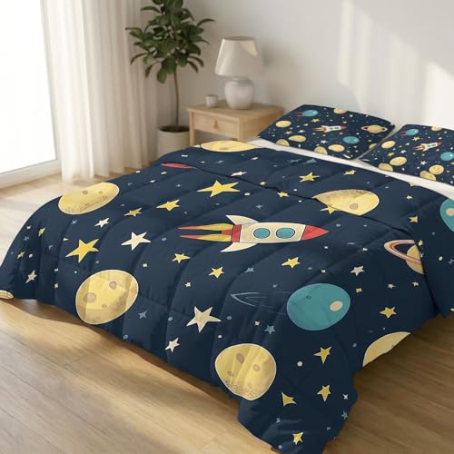 Edredón de luna y estrellas reversible estilo cohete universo 2