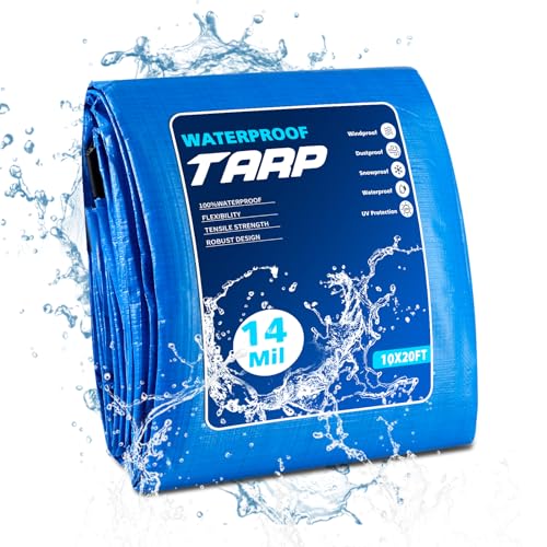 Tarps Heavy Duty Waterproof 10×20FT, 14 Mil Waterproof Tarp Grommets and Reinforced Edges, Tarpaulin Cover for Outdoor Camping, Deck, Roof, Pool, Tent, Boat, RV,Included Utility Rope