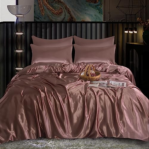 ROOEE Set completo di biancheria da letto in raso di seta, 6 pezzi, lenzuolo con angoli, copripiumino, 4 federe. Colore: rosa cipria, misura matrimoniale