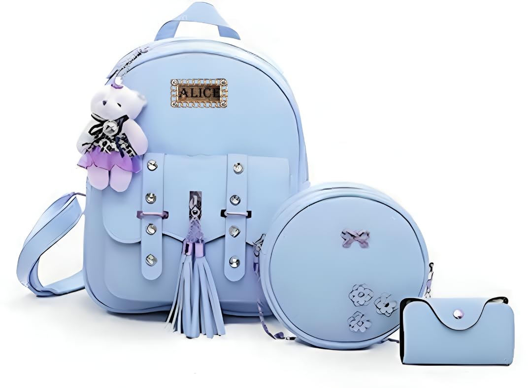 Girls 3 Piece Fashion Cute Mini Leather Backpack Sling Bag Pouch Set Stylish Elegant Daily Use Travel School College Backpack-image-8