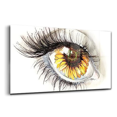 Tableau en verre 140x70cm de Wallfluent représentant un œil et un tournesol