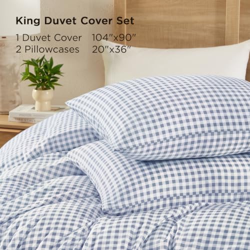 Image of Andency Gingham Duvet Cover King Size, Misty Blue Checkered Plaid Bedding Set, 3 Pieces Soft Prewashed Microfiber Comforter Cover with Zipper Closure & Corner Ties