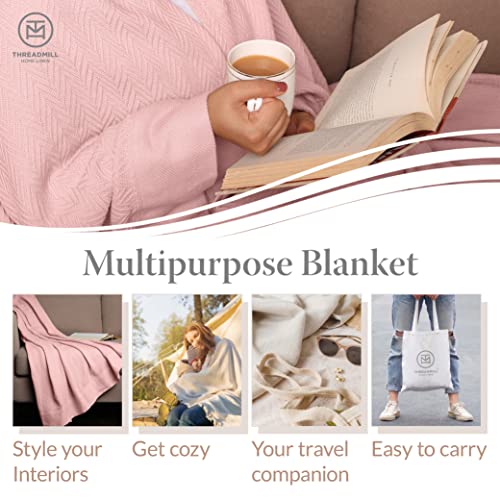 Threadmill THM-BLNKT-DRB16-EROSE-K Luxury Cotton Blankets For King Size Bed | All-Season Cozy 100% Cotton Blanket | Herringbone Soft & Lightweight Fall Thermal Blanket Fits Cal King Size Bed | English Rose thumb #2