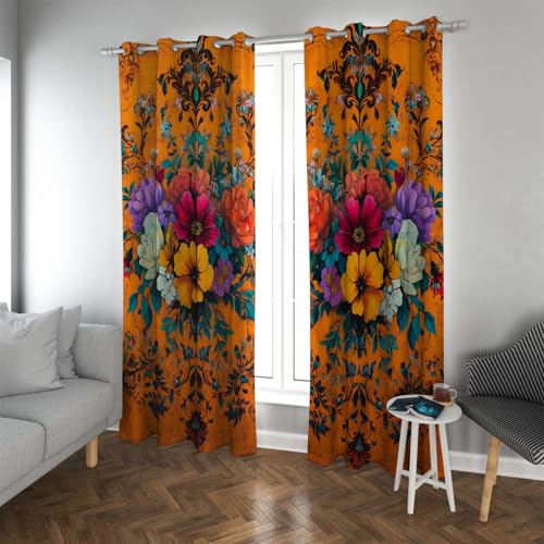 UIRINGART Cortinas Naranjas Clásico Floral Botánico Oscurecimiento Cortinas de Ojal Estilo Boho Cortinas de Ventana Reductoras de Ruido para Dormitorio Sala de Estar 2 Paneles H210xB132