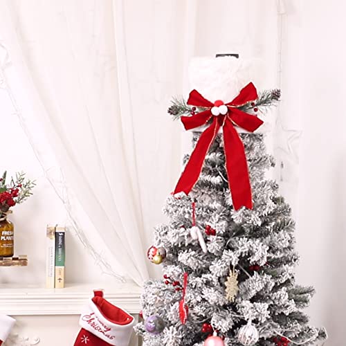 Christmas Tree Topper Hat Bow：hiagrow Christmas Tree Topper Lighted - White Hat Red Bow With Lights - Decorations For Tree Xmas/Holiday/Winter Wonderland Party Home Decor (With Snowflake Projector) #TOP6