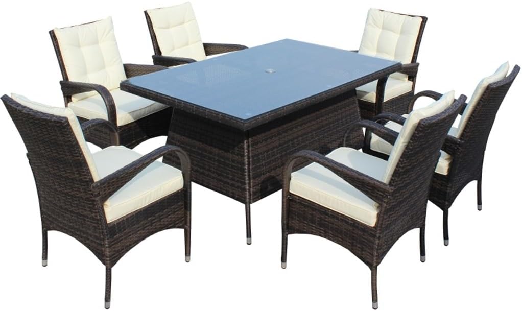Patio 7-Piece Rectangular Dining Set with 6 Dining Chairs (Brown Beige Cushion)