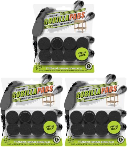 Image of Slipstick GorillaPads CB147 Non Slip Furniture Pads /Gripper Feet (Set of 16) Self Adhesive Rubber Floor Protectors, 1 inch Round, Black (Pack of 3)