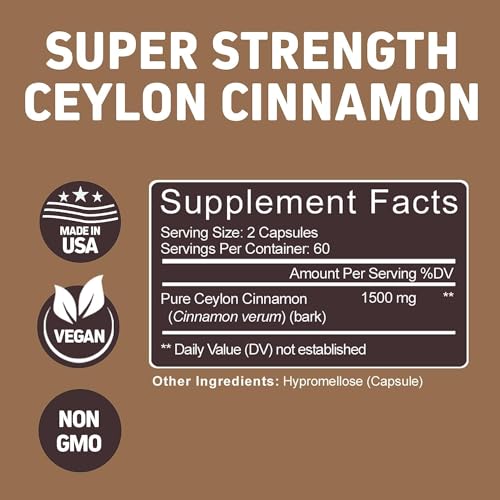 Herbtonics Pure Ceylon Cinnamon Capsules | Immune System, Healthy Weight Management | Non-GMO, Gluten Free | 1500 Mg - 120 Capsules