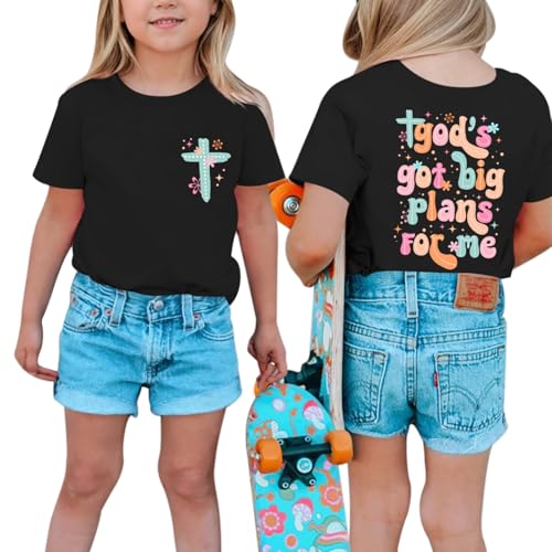 Christian Shirts for Girls Bible Verse God Shirt Kids Graphic Tees Cute Cross Outfits Floral Print Summer Top