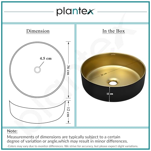 Image of Plantex Table Top Wash Basin for Bathroom /Designer Ceramic Basin /Round Countertop Vessel Sink Basin for Home /Office /Hotel (Black & Gold - 14 x 14 x 5 Inch)