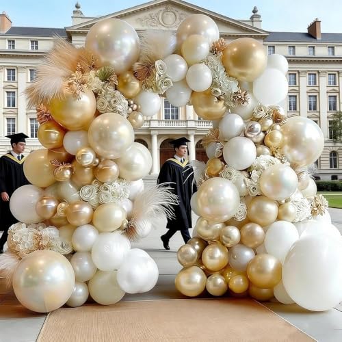 Image of White Gold Balloon Arch Double Stuffed Pearl White Sand Cream Gold Chrome Balloon Garland Kit for Graduation Baptism Birthday Baby Shower Wedding Party Decorations