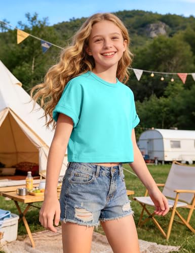 Image of Girls Crop Tops Short Sleeve T-Shirts for Girl Crew-Neck Basic Tee Size 7-14 Years