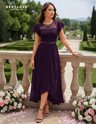 Image of BeryLove Formal Long Dresses for Women Wedding Guest Cocktail Bridesmaid | Airy Lace & Chiffon Evening Gown, Flutter Sleeve, Ideal for Mother of the Bride, Prom, Homecoming Party & Semi-Foraml Events