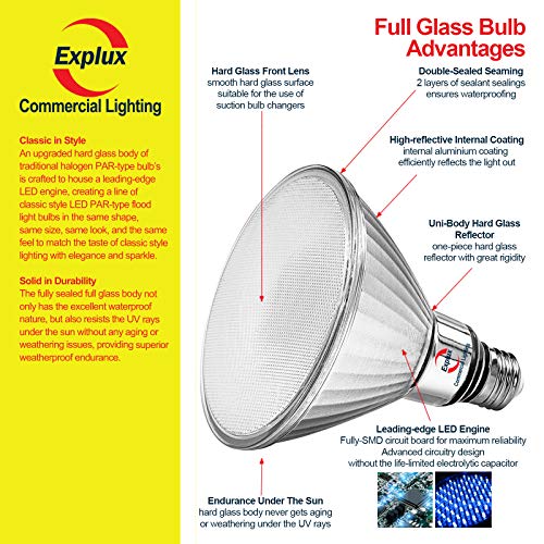 Explux LED PAR38 Blue Flood Light Bulbs, Dimmable, Full-Glass Weatherproof, 120W Equivalent, 2-Pack