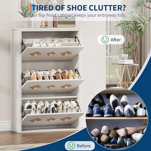 Image of GarveeHome Shoe Storage Cabinet with 3 Flip Drawers, Narrow Wood Shoe Organizer Cabinet with Floral Pattern, Freestanding Slim Shoe Rack Cabinet with Adjustable Shelves, for Entryway, Hallway, White | Floral Pattern, Shoe Cabinet for Entryway, Hallway, Living Room, Narrow Wooden Shoe Cabinet with Adjustable Shelves