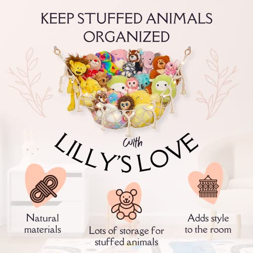 Lilly's Love Stuffed Animal Macrame Hammock W/String Lights | Large Boho Style Rope Net Holder For Kids Toys | Hanging Corner Nursery Storage Organizer For Your Plushie Pets (Grey) #TOP1