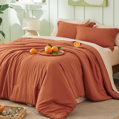 Image of Bedsure King Size Comforter Set - 7 Pieces Burnt Orange King Bedding Set for All Seasons, Boho Contrasting Design Bed in a Bag with Comforter, Sheets, Pillowcases & Shams