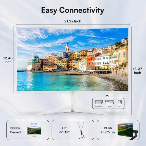 Image of 24 Inch Curved White Monitor, FHD 1080P VA Panel, 3000R 100HZ 98% sRGB Business Computer Monitors, Frameless Design, Flicker-Free, Low Blue Light, VESA Mountable, for Office & Gaming (VGA, HDMI)
