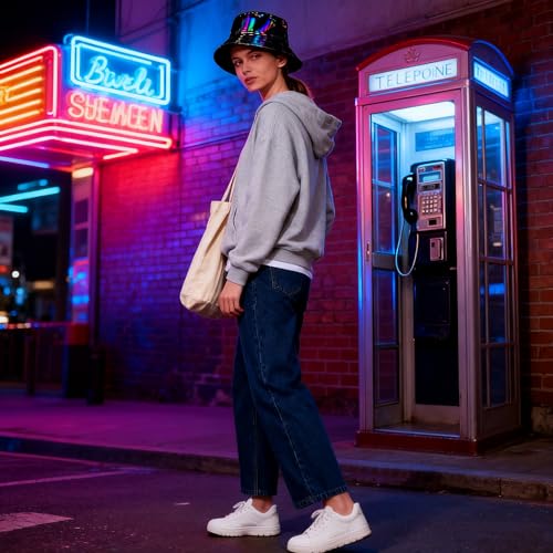 Image of Unisex Black Bucket Hat Waterproof Rain Hat Reversible Shiny Rave Bucket Hat for Concert Festival