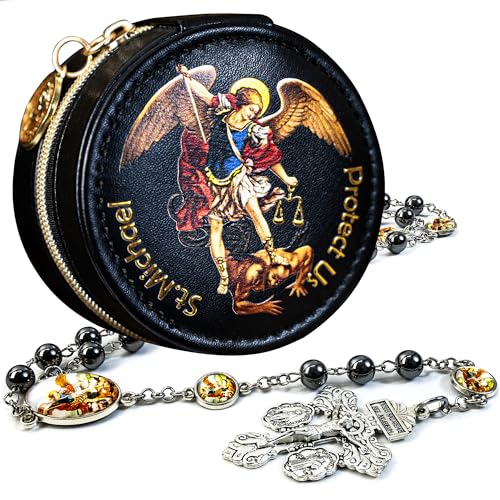 St. Michael the Archangel Catholic Rosary Necklace for Men, 8MM Black Hematite Prayer Beads Packed in Travel Jewelry Box, Rosary Beads Catholic Saints Gifts for Men