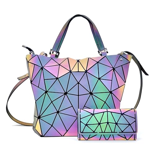 Geometric Luminous Crossbody Bag Set Reflective Holographic Handbag with Adjustable Shoulder Strap Unique Multi Compartment Magic Color Changing Premium Bundle