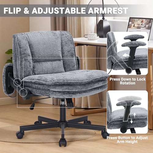 Image of Criss Cross Chair with Wheels and Flip Arms, Upholstered Cross Legged Office Chair with 3 Layer Cushions&Dynamic Airbag Lumbar Support, Wide Seat Comfy Desk Chair for Home Office, Living Room, Grey