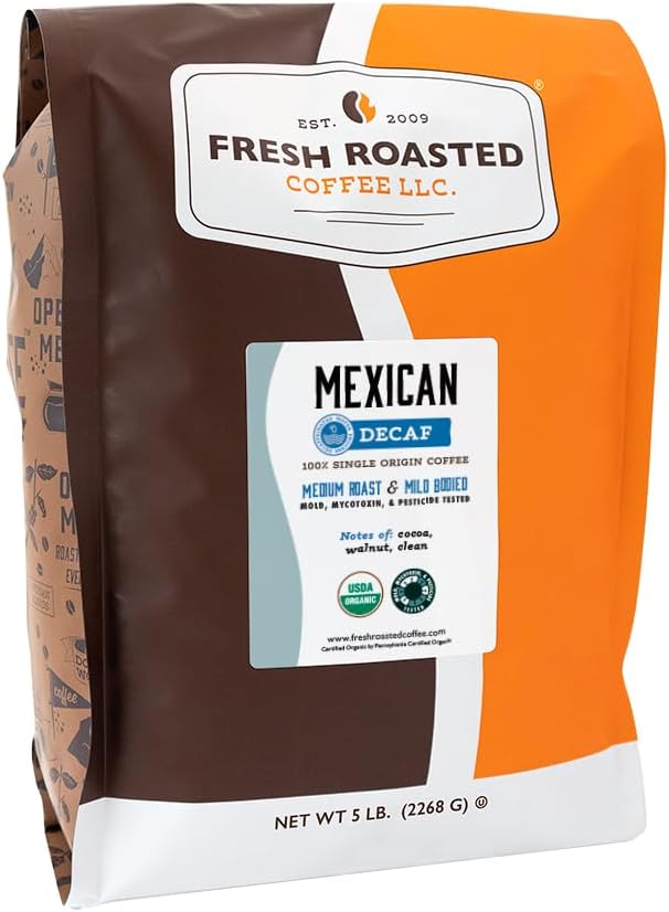 Fresh Roasted Coffee, Organic Mexican Water-Processed Decaf Whole Bean Coffee, Medium Roast, USDA Organic, 3rd Party Tested for Mold, Mycotoxin & Pesticides, 100% Single Origin, Kosher, 5 lb (80 oz)
