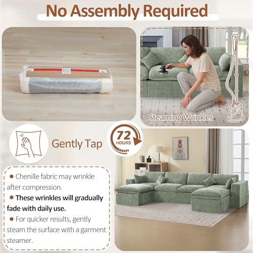 Image of 146''Cloud Boneless Sectional Couch, Modular Sectional Sofa Deep Seat with 2 Ottomans, Oversized Upholstered Convertible Comfy 6 Seater Chenille Sofa U Shape Couches for Living Room, Green