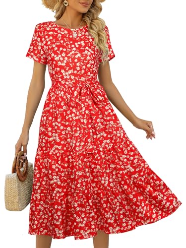 Image of Lyrur Women's Dresses Casual Summer Tiered Midi Dress Short Sleeve Belted Ruffle Babydoll Boho Sundress with Pockets